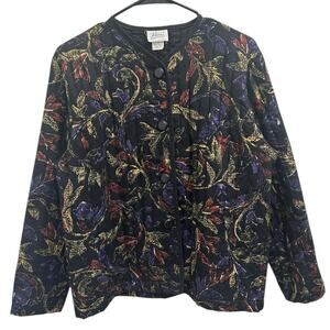 Vtg 80s Alicia Black Quilted Floral Jacket Leaf Print Cottage Fall Prairie Large